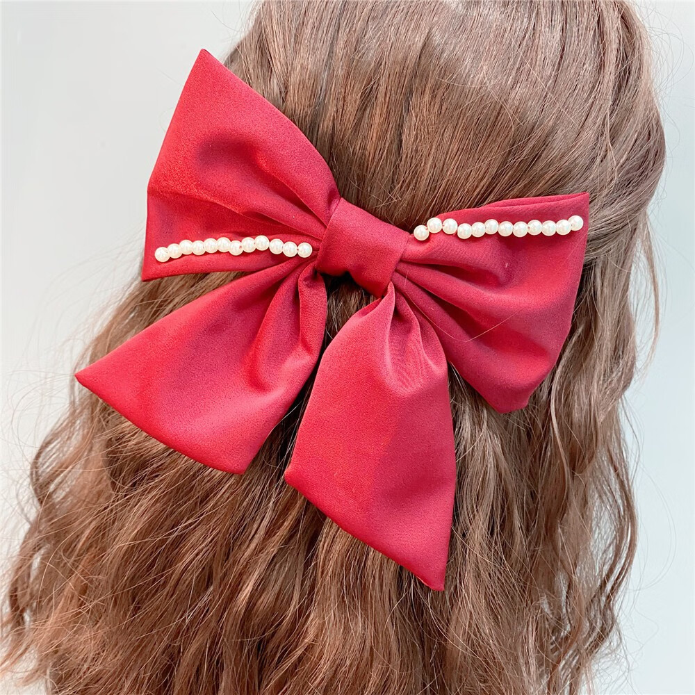 黛萝莉法式蝴蝶结发夹绸缎甜美珍珠发饰网红发夹气质夏季后脑勺发卡
