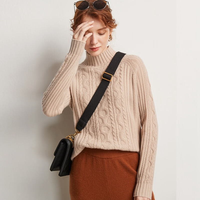 帕罗（PALUOPO）7G厚款半高领羊绒衫女士针织绞花内搭纯色秋冬新款保暖 浅米 S 95