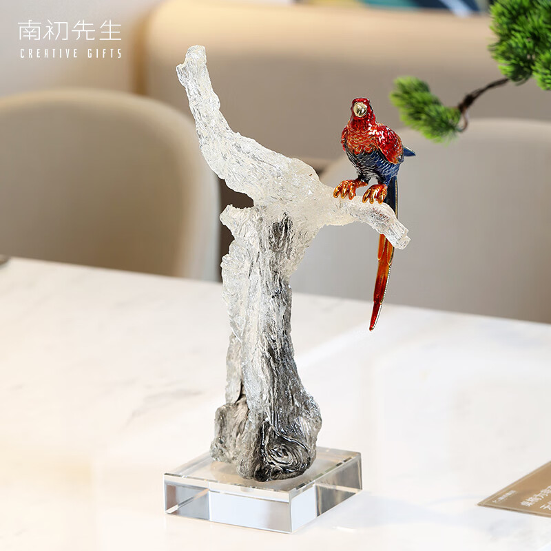 先生珐琅彩鹦鹉水晶喜上枝头新中式办公室客厅书房书桌酒柜装饰摆件 *