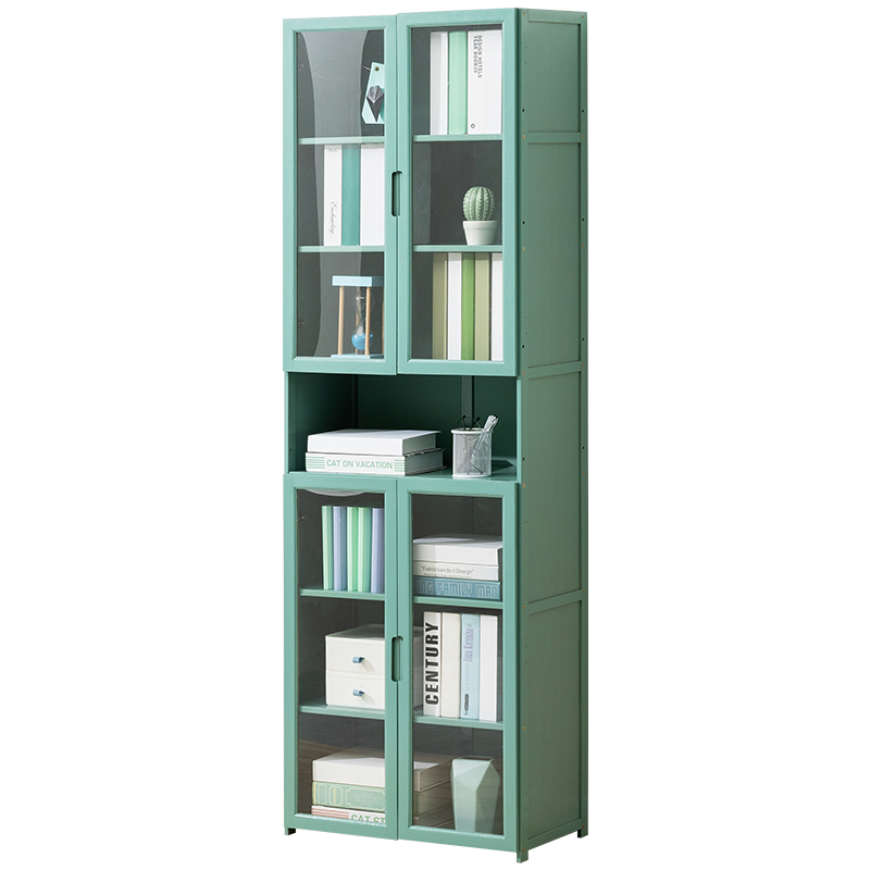 木马人加厚带门书架简易落地书柜桌面上小置物架办公书房储物柜卧室实木收纳架客厅组合置物阅读架学生图书 【透明双门】60cm长-四层绿色