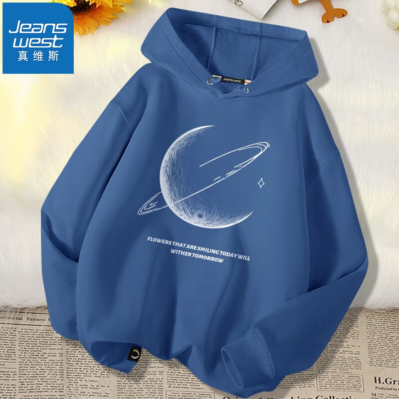 真维斯(JEANSWEST)2023年春秋外套连帽卫衣男女同款棉时尚连帽衫长袖套头衫情侣外套 牛仔蓝(线条月亮白) XL(推荐130-150斤)使用感如何?