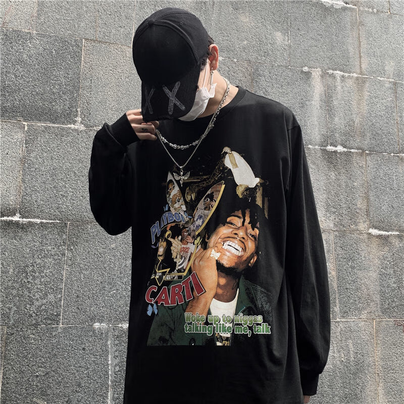 ins高街暗黑系嘻哈摇滚丧系印花bf风宽松大码斤长袖男t恤 嘻哈人物-黑