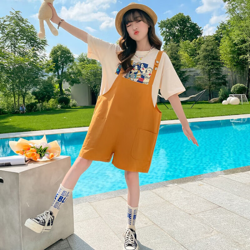 szhg女童套装夏装2023新款洋气夏季薄款短袖儿童装中大童背带裤两件套