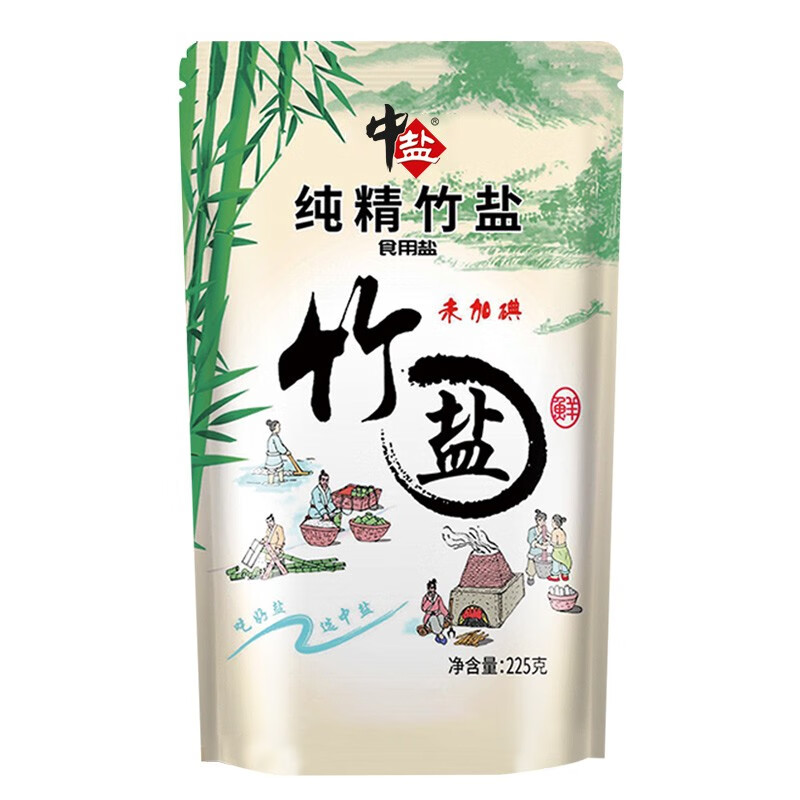 中盐 无碘纯精竹盐 未加碘 食用海盐 225g 中盐出品