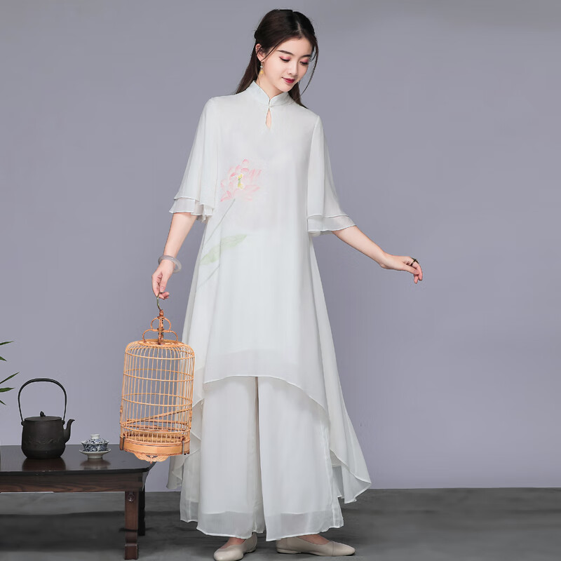 中国风唐装套装茶服文艺复古手绘印花宽松胖mm雪纺连衣裙禅服女士