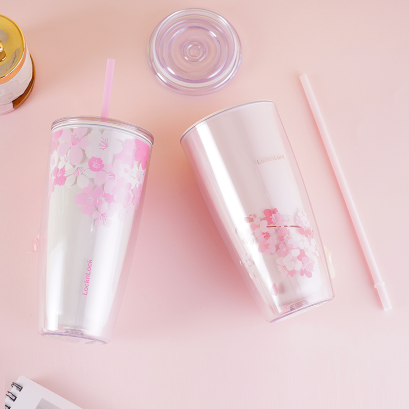 乐扣乐扣(LOCK&LOCK) 樱花杯水杯子双层杯身易开盖易清洗塑料杯吸管杯水杯女 HAP509PIN-樱花粉-750ML