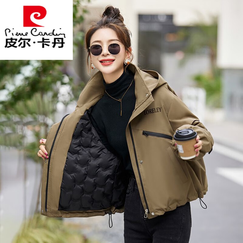 皮尔卡丹派克服女2025冬季新款短款小个子棉服冲锋服宽松加绒加厚夹棉外套 卡其色 XL 【建议126-140斤】