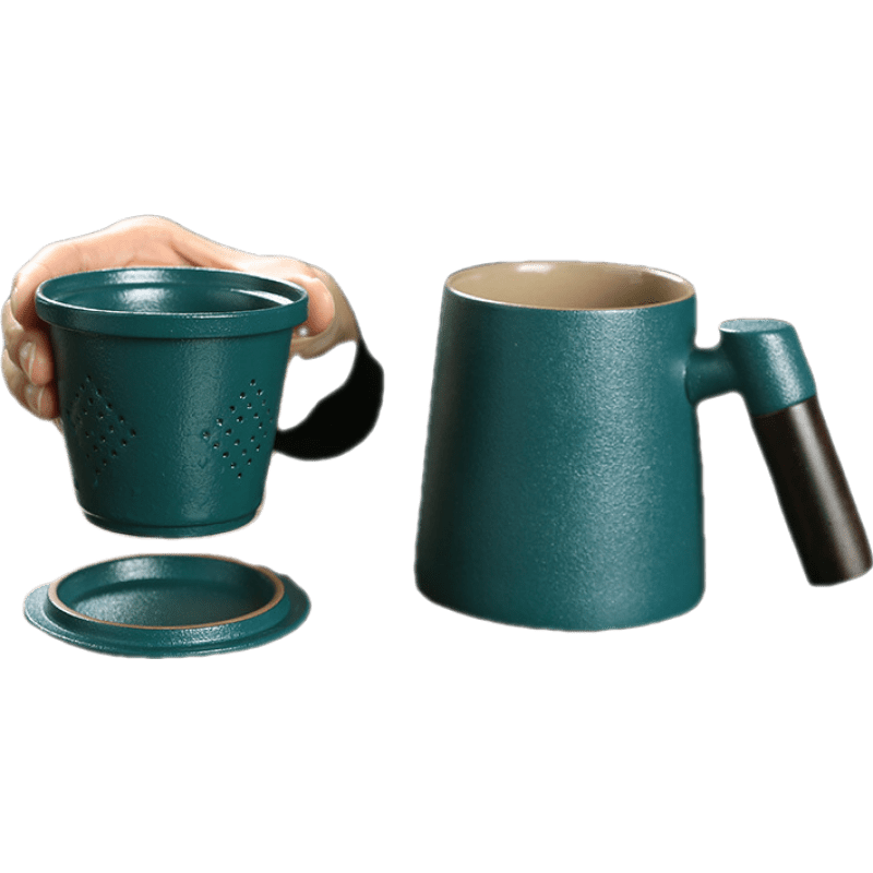 陶瓷马克杯办公室水杯泡茶杯带过滤内胆茶水分离家用茶杯带盖带柄杯子 韵黑 301-400ml
