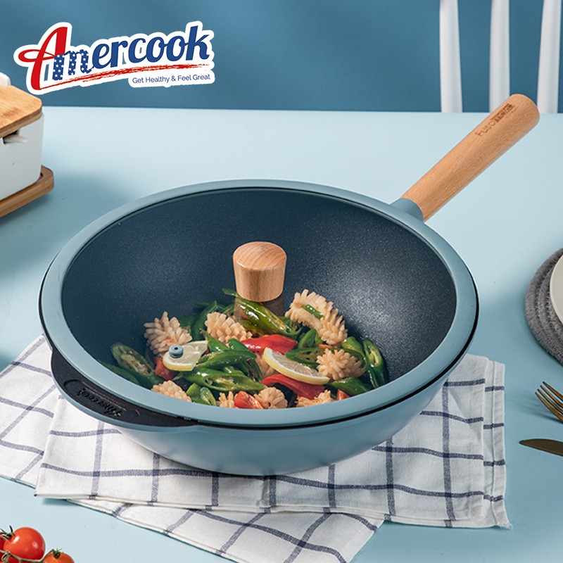 amercook阿米尔 麦饭石不粘锅 扶桑木库家用无油烟炒锅炒菜锅 清新蓝