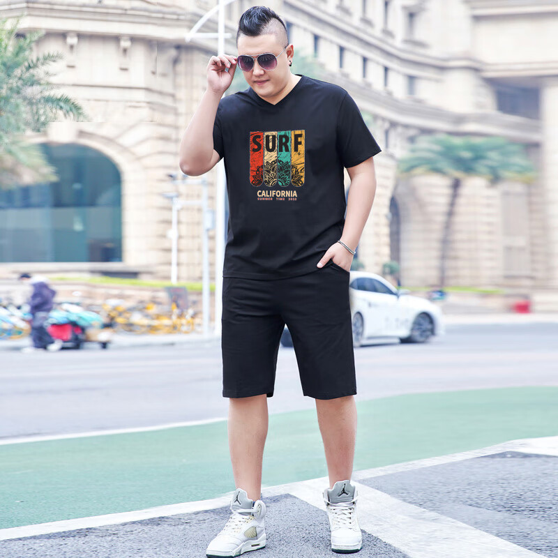 夏天休闲运动套装短袖t恤短裤搭配跑步两件套肥人裤子衣服肥仔胖人