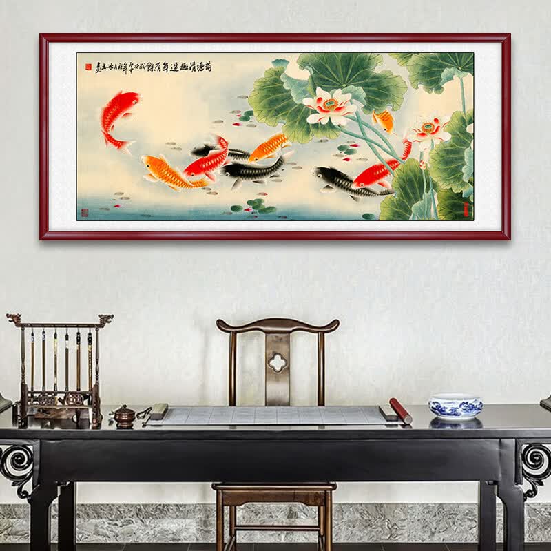 国画山水画客厅装饰画九鱼图富贵有余年年有余荷花鱼荔枝鱼吉利有余