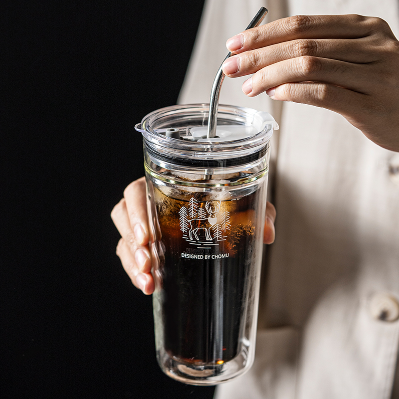 圆舍双层玻璃杯子吸管杯办公室带盖喝水杯隔热防烫咖啡杯大容量高颜值 420ml双层吸管杯-麋鹿款