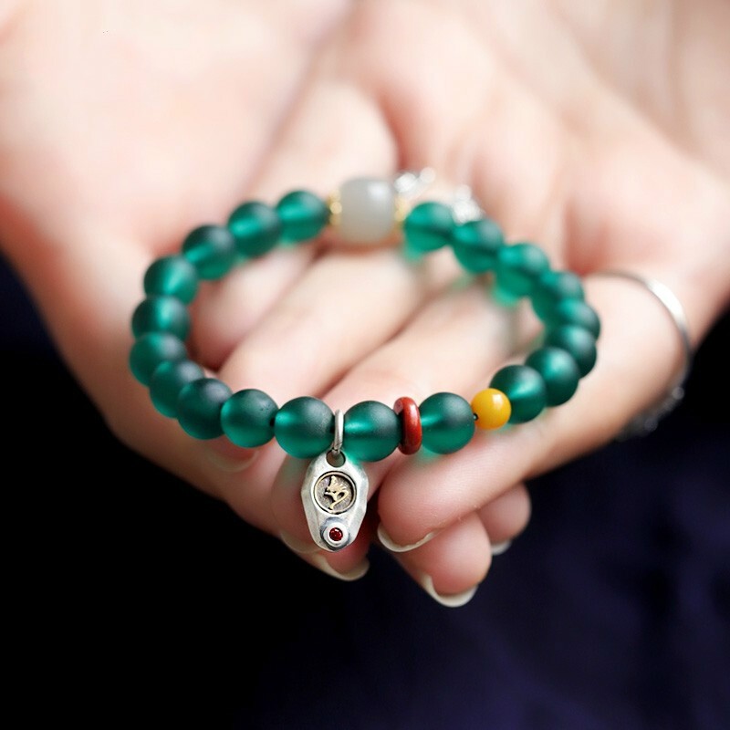 豪珠 手工尼泊尔老琉璃单圈佛珠手链 绿度母心咒手串女 约6mm 绿度母