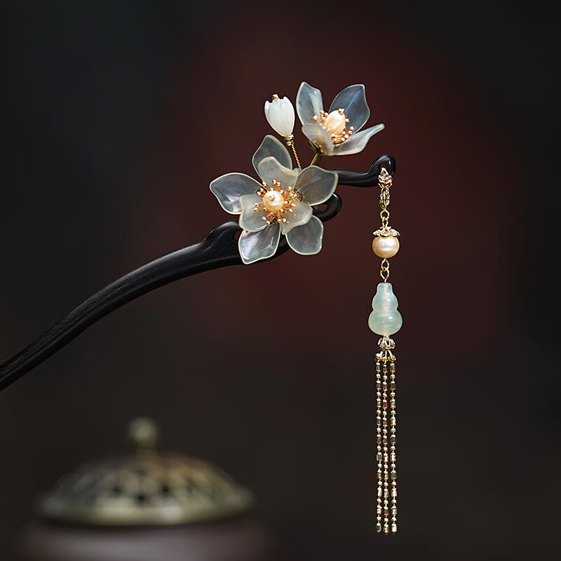 发簪子女古风步摇流苏黑檀木汉服头饰手工玉兰花发钗岫玉送礼物 玉兰