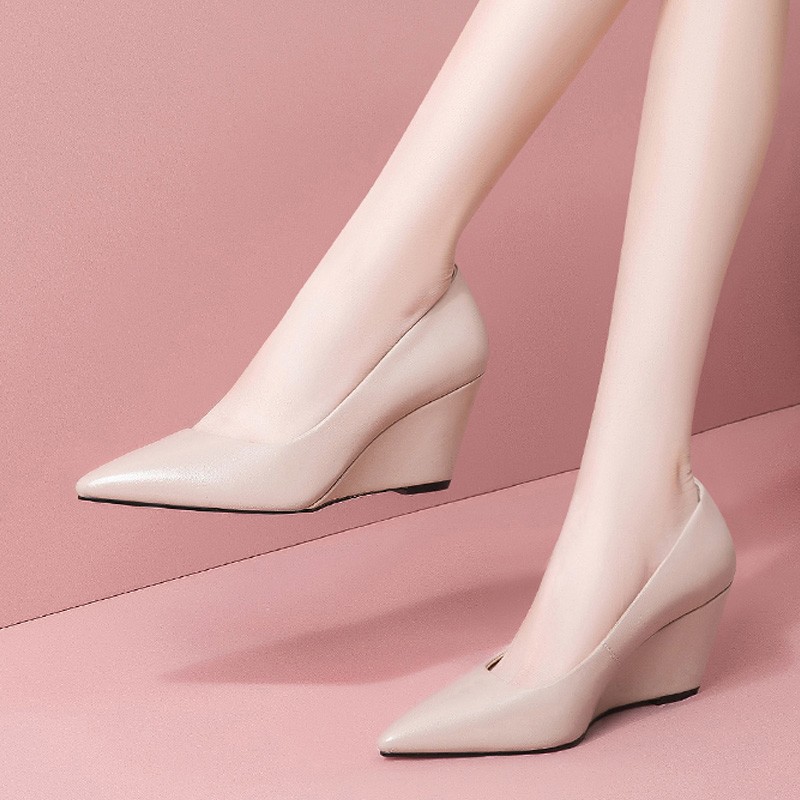 坡跟单鞋女春秋新款高跟鞋羊皮女鞋时尚百搭女士皮鞋浅口工作鞋 粉色