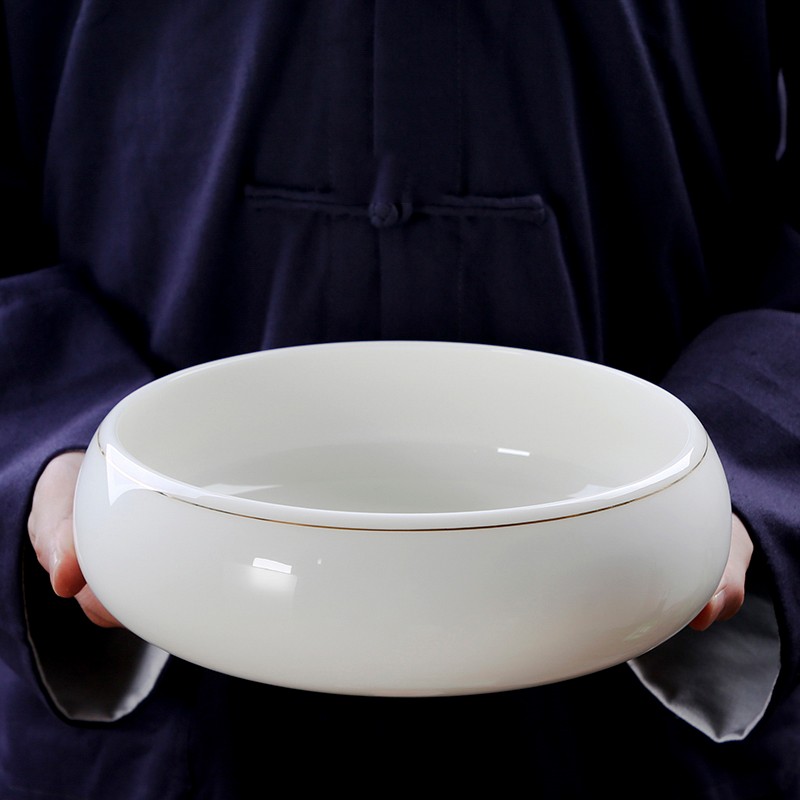 陶瓷泡茶工具茶盘配件水盂水培羊脂玉白色功夫茶洗金边大碗洗茶缸杯洗