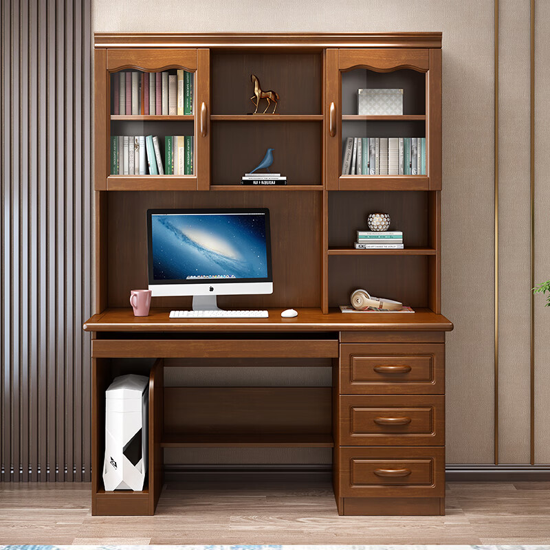 和乐家园 书桌 实木书桌书架组合一体桌现代简约电脑桌书房新中式办公桌子 书桌（0.8米）/海棠色