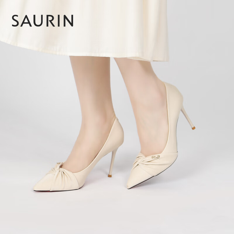 索兰索兰高跟鞋女2024春季新款法式优雅风蝴蝶结尖头