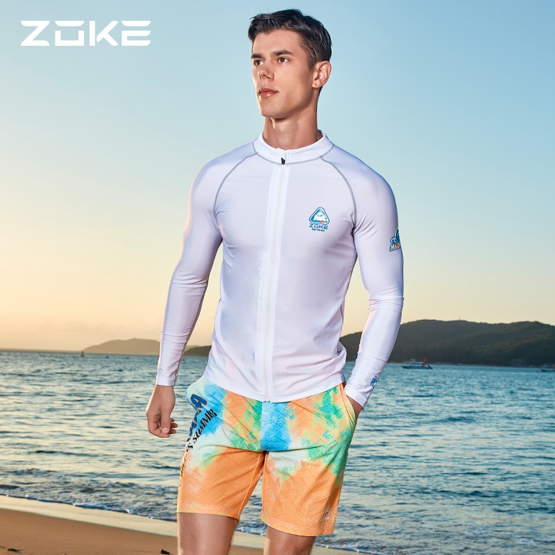 洲克（zoke）马卡哈系列泳衣男分体冲浪服泳衣度假出游沙滩裤套装 白色海滩花（上衣）120608103 M