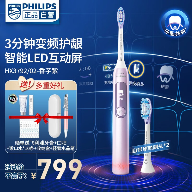 飞利浦（PHILIPS）电动牙刷情侣款电牙刷 钻石7系牙刷 送男友/女友 5种模式 智能显示屏 2支护龈刷头 香芋紫HX3792/02