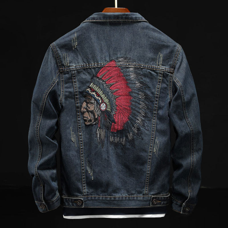 林哇加肥加大码骑行服摩托车秋季牛仔外套男士潮流韩版印第安刺绣修身 9908深蓝色 L