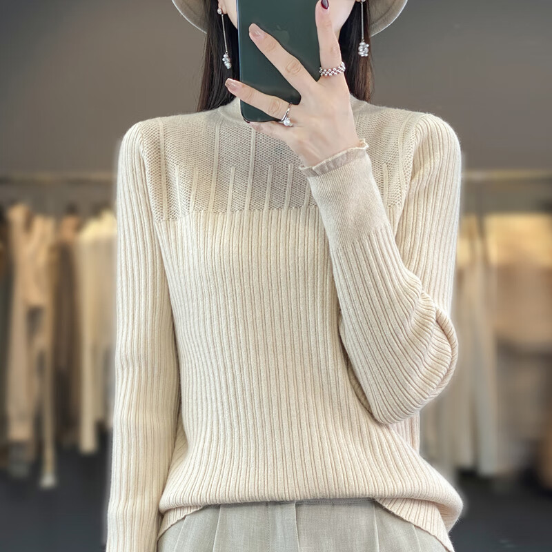 香影纯2025秋冬新款荷叶蕾丝花边半高领打底衫女长袖修身洋气内搭毛衣女 米色 S (建议95斤以内)