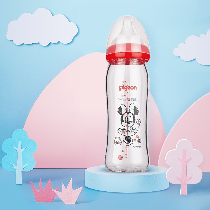 贝亲(Pigeon) 奶瓶 玻璃奶瓶 新生儿 宽口径 迪士尼 disney 240ml（米妮宝宝时尚）AA154 自然实感L码奶嘴