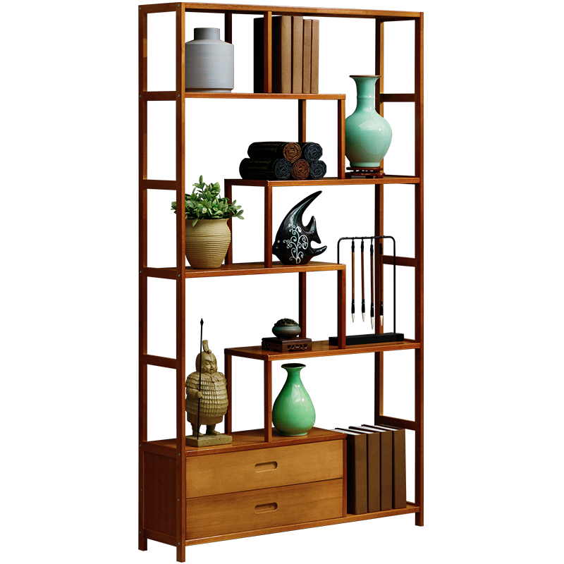 淘之良品落地多层复古博古架储物架书层架中式茶架子客厅置物架家用带抽屉家用楠竹收纳架玄关隔断角柜杂物架 【双抽屉】经典款-七层100长