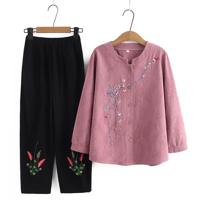兰铂丽斯奶奶套装春秋款长袖衬衫中老年人秋季女装衣服妈妈秋装上衣两件套 皮粉色 066款 XL 建议105斤之内