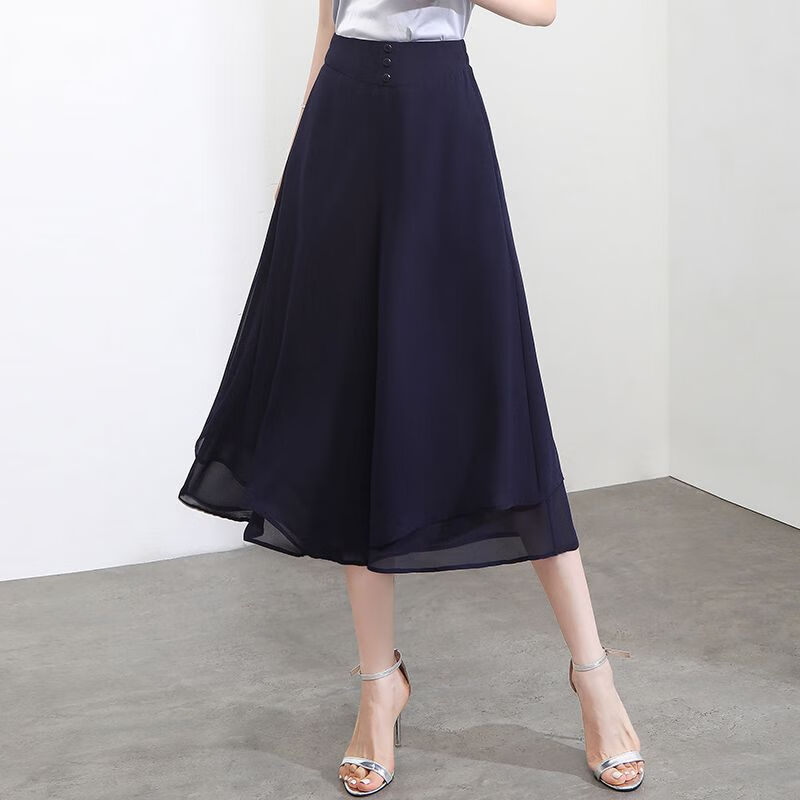 皮爾卡丹（pierre cardin）七分雪紡褲裙女夏季2025新款韓版松緊高腰寬松垂感顯瘦波點(diǎn)裙褲子 深藍(lán)色專柜 XL-2尺2（110-120斤）