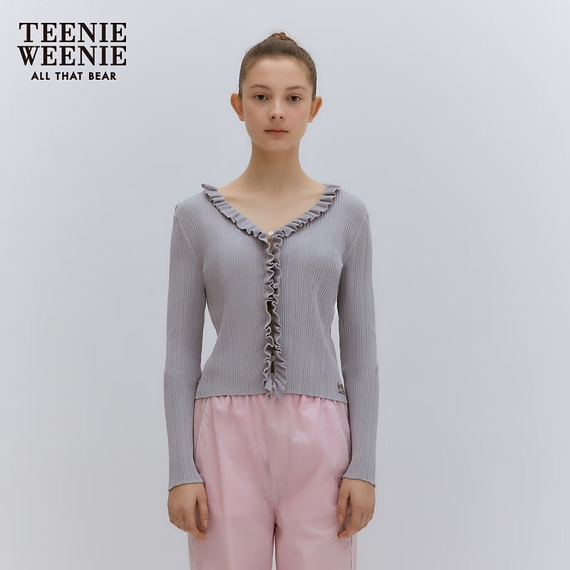 Teenie Weenie小熊2024年春装新款木耳边针织开衫薄款空调衫短款女 中灰色 160/S