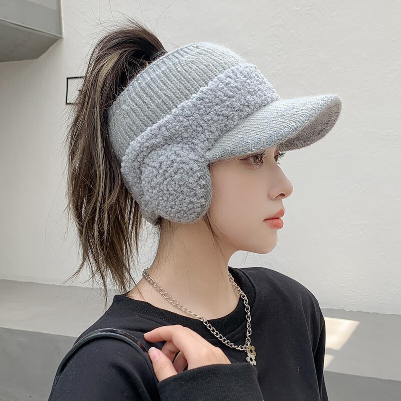 原谅色帽子女冬天骑行针织护耳鸭舌帽时尚百搭加绒保暖空顶耳套毛线帽