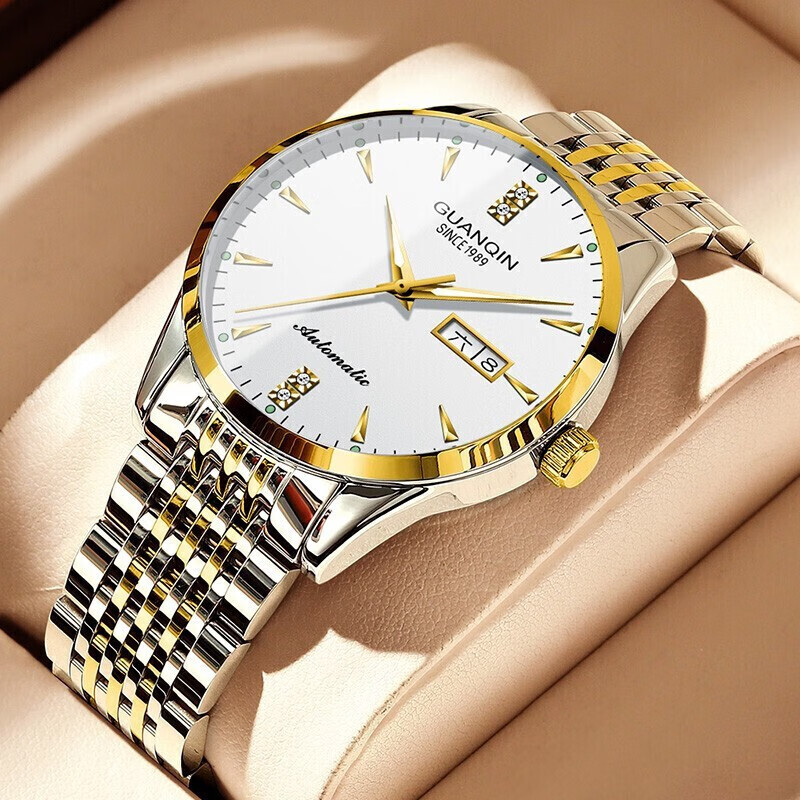 冠琴（GUANQIN） 名表 新款手表男士全自动机械商务休闲防水夜光男表精钢时尚简约 冠琴 16221间金白面 免费刻字