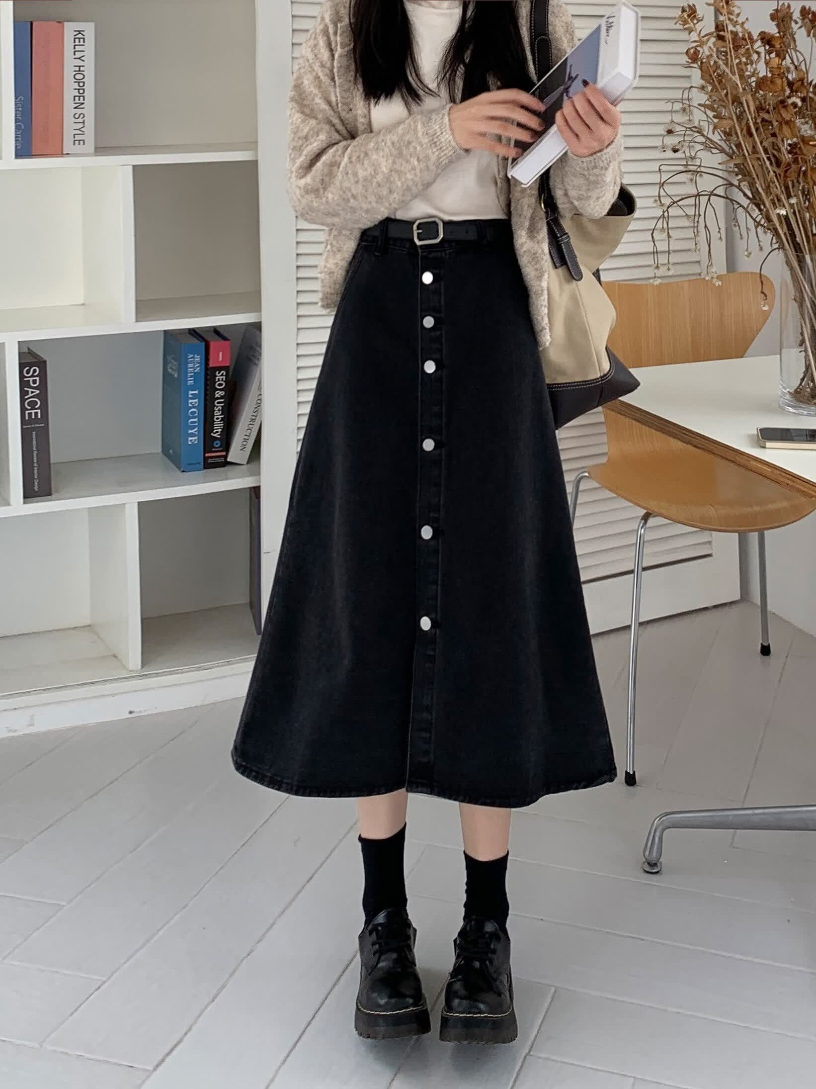 大码牛仔半身裙春秋款胖妹妹半身裙中长款梨形身材高腰牛仔裙 黑色 s