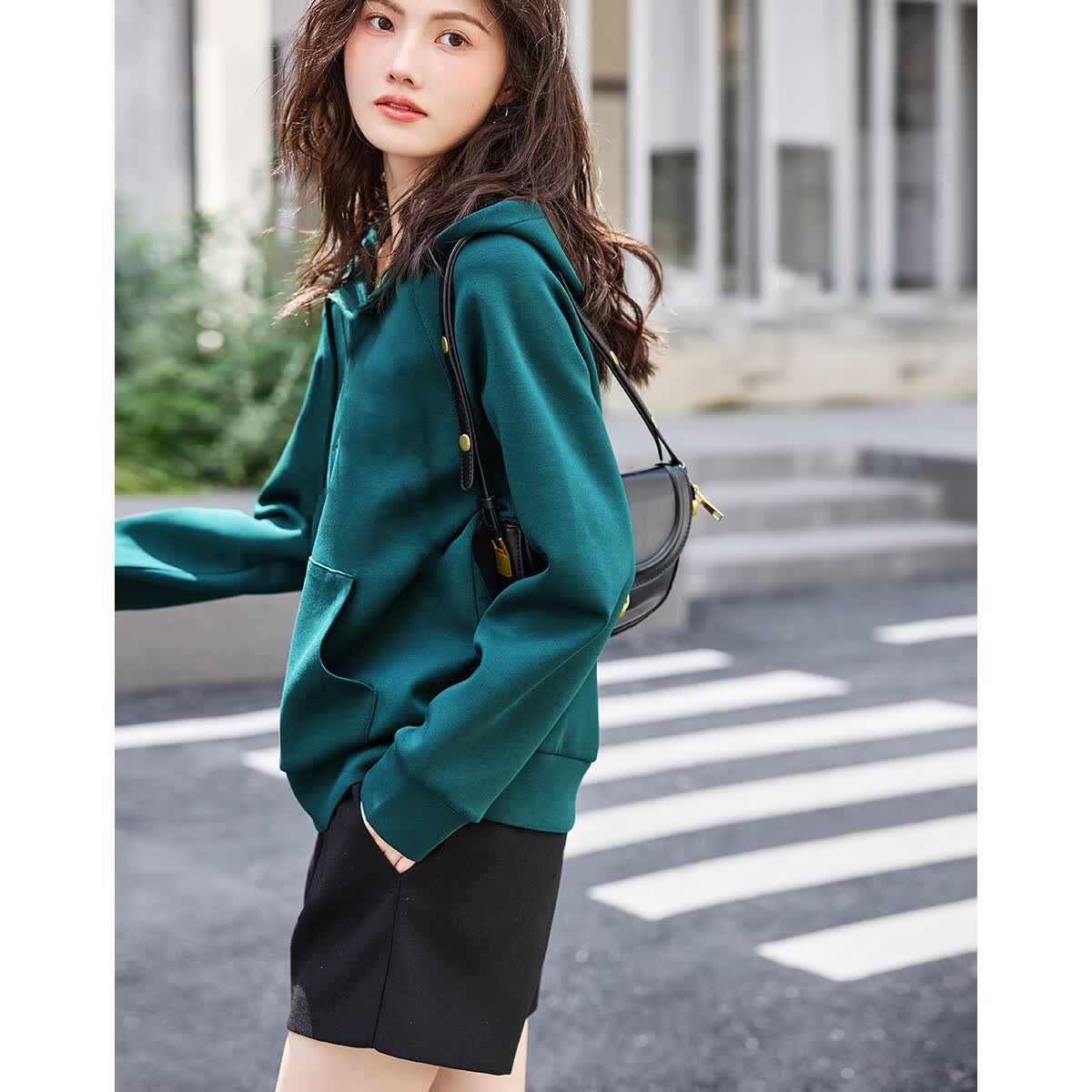德玛纳【连帽通勤】冬时尚加绒落肩长袖口袋通勤卫衣女 藻绿 L 