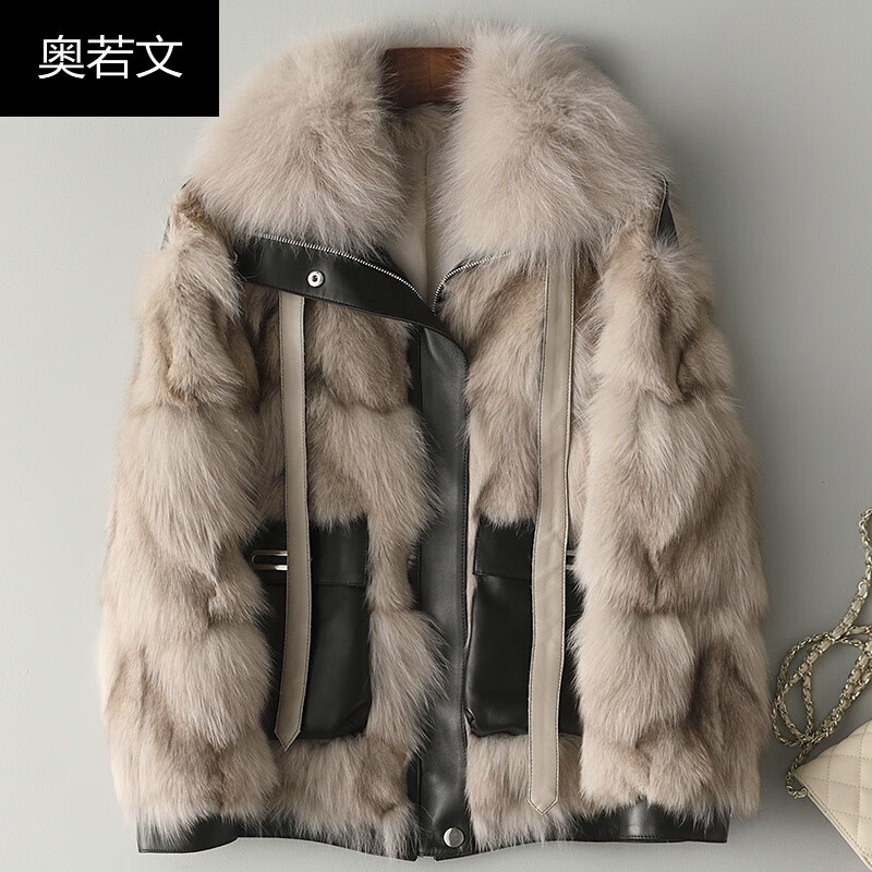 奥若文海宁皮革城皮毛一体女装真的皮拼接皮草大衣减龄洋气芬贵妇拼接