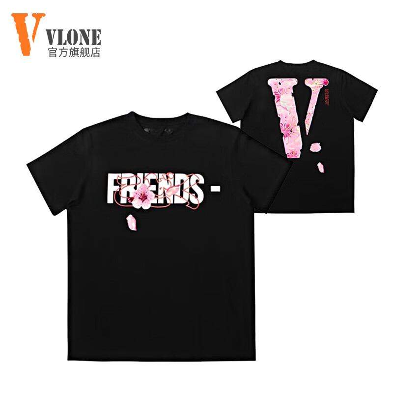 VLONE【美版】短袖男樱花大V潮牌2024夏季t恤男纯棉打底衫男女情侣装 QG-V23樱花黑 L（尺码偏大175斤以内）