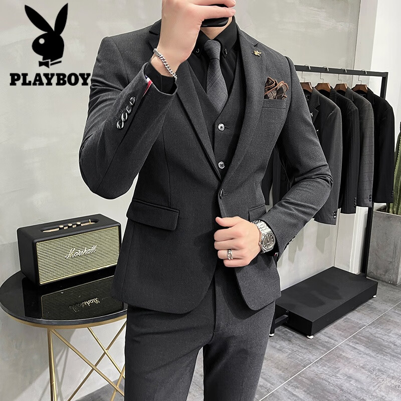 花花公子（PLAYBOY）西服套裝男三件套夏季厚大碼垂感外套英倫修身痞帥新郎結(jié)婚禮服 深灰色【西裝+馬甲+西褲】 S