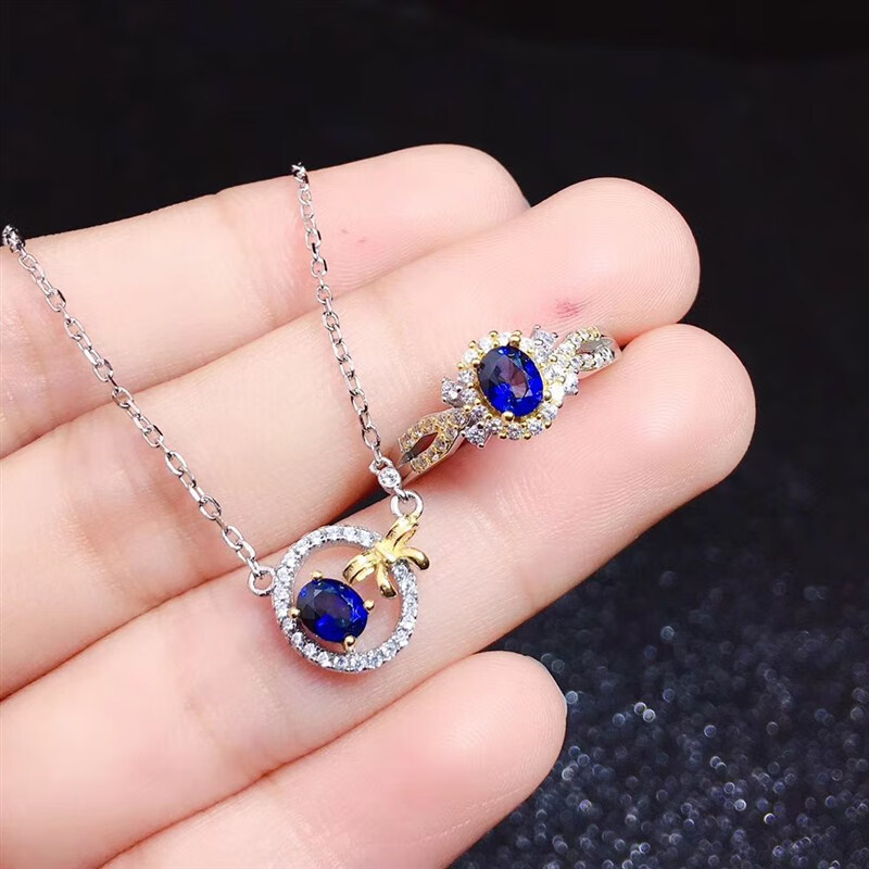 双盈喜新款颜色好4*5mm天然蓝宝石套装925银时尚双色项链戒指高贵超值