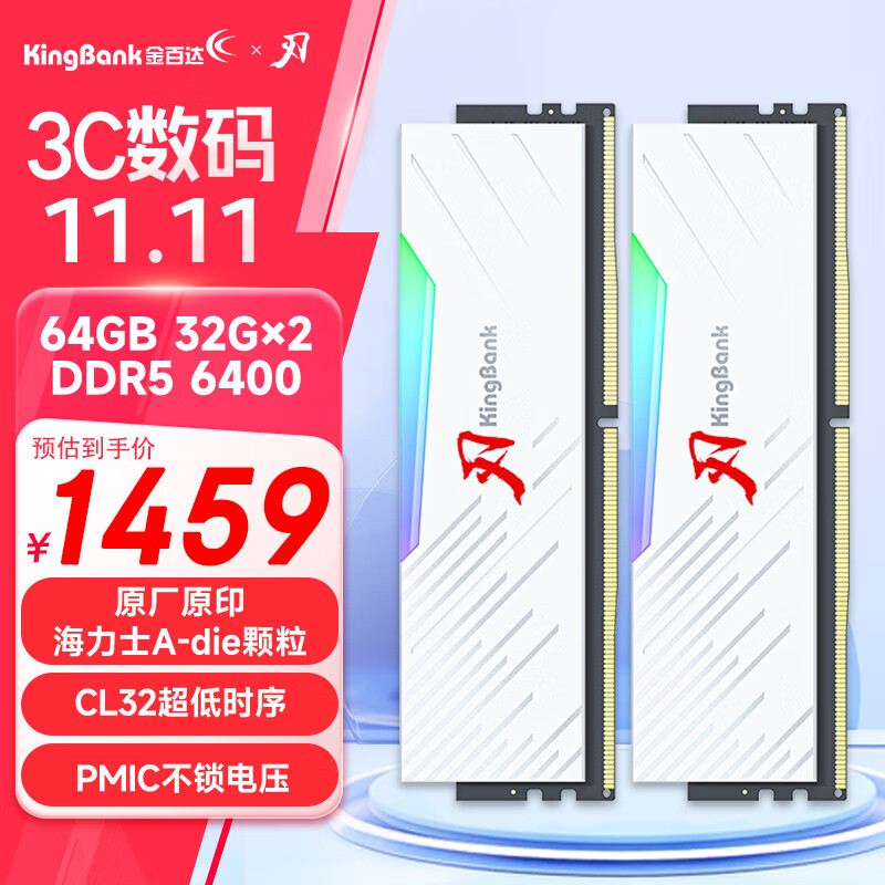 金百达（KINGBANK）64GB(32GBX2)套装 DDR5 6400 台式机内存条海力士A-die颗粒 白刃RGB灯条 C32 适配黑神话悟空