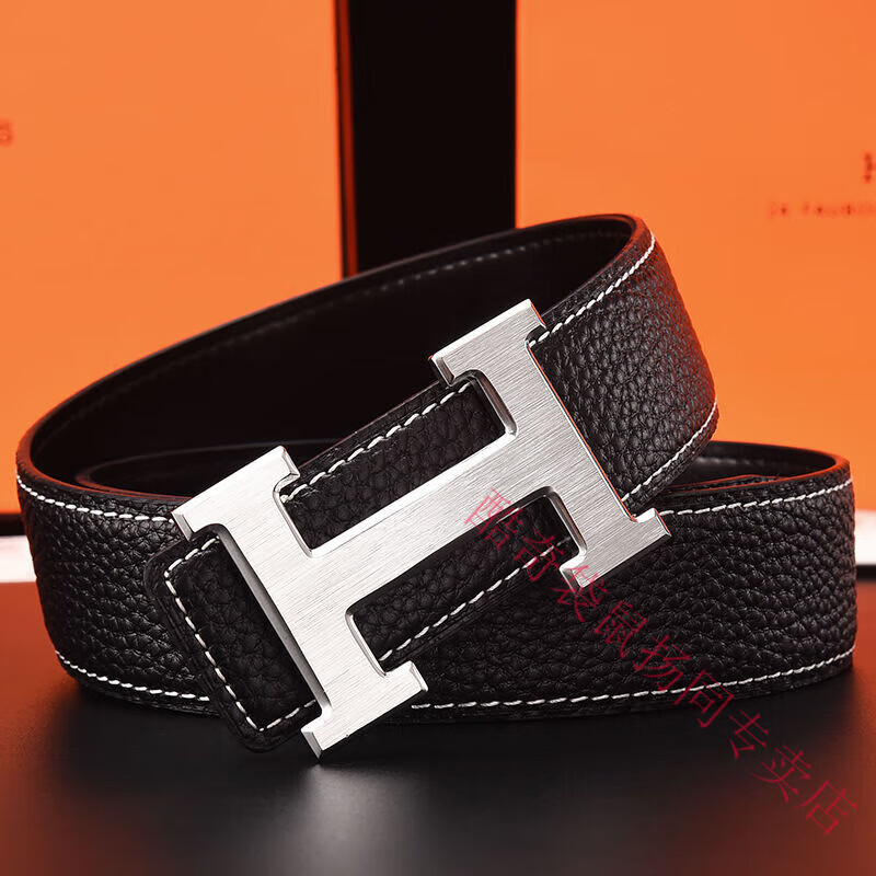 酷奇袋鼠男士皮带真牛皮时尚百搭H铜扣工字扣真皮休闲青中年腰带男 H黑色+银扣 3.8宽 105cm