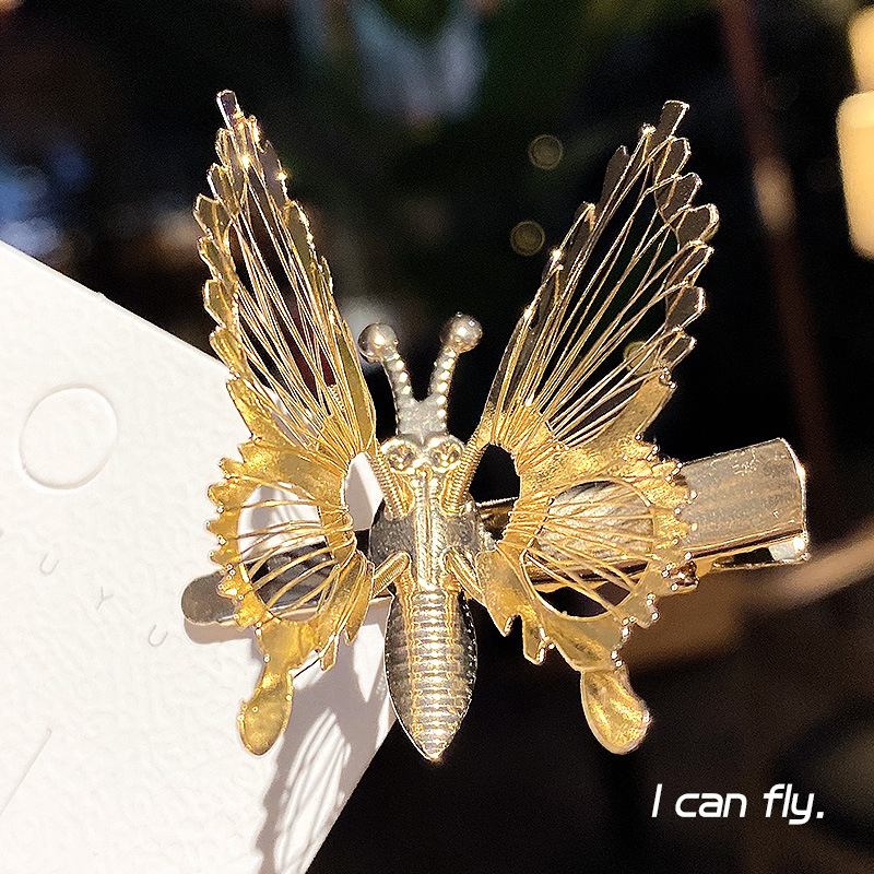 超仙會動的蝴蝶發(fā)夾女網(wǎng)紅簡約懷舊仿真蝴蝶耳邊夾子頭飾韓國 金色蝴蝶