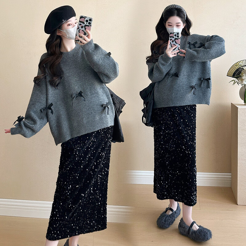 衣百壹（yIBAIyI）孕婦裝新品秋冬套裝韓版洋氣蝴蝶結(jié)針織毛衣+亮片半身裙兩件套 蝴蝶結(jié)毛衣+亮片半身裙 M