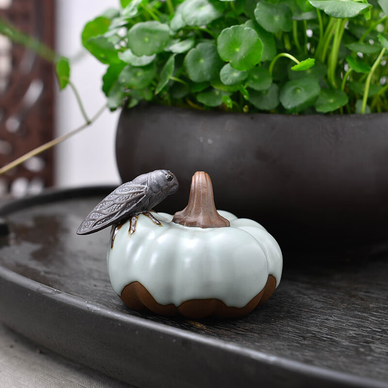 gioio陶瓷茶宠摆汝窑茶宠开片可养手工茶桌摆件装饰禅意 鸣蝉