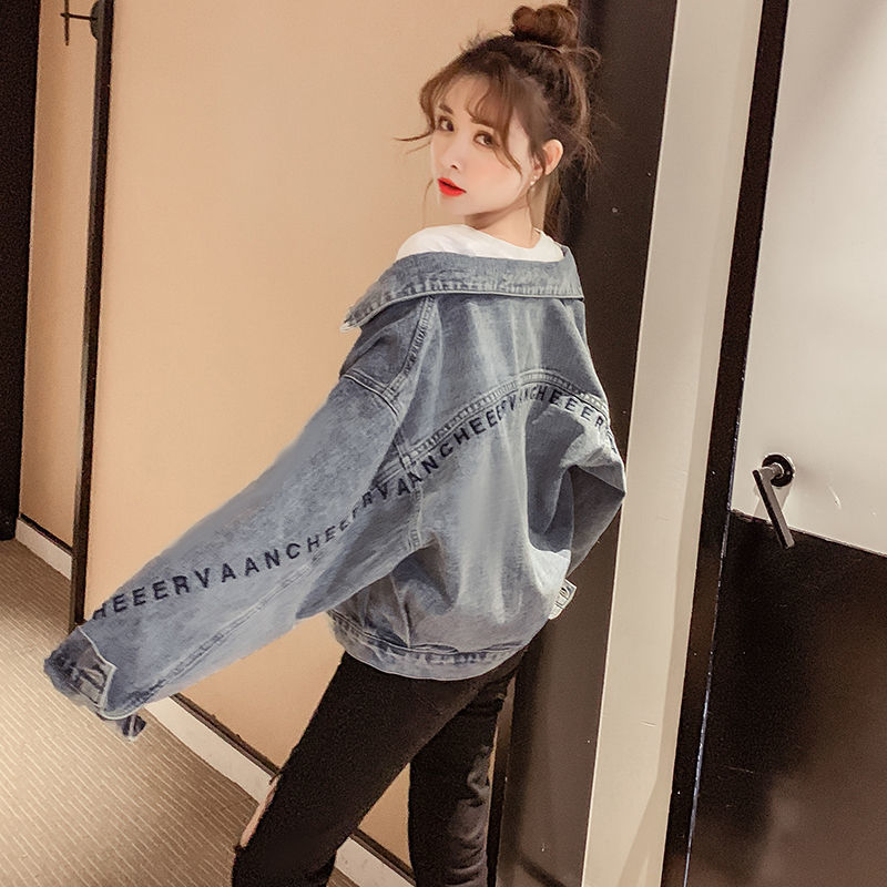 wsng 牛仔外套女宽松韩版2021春秋新款刺绣字母网红学生bf短款 黑色