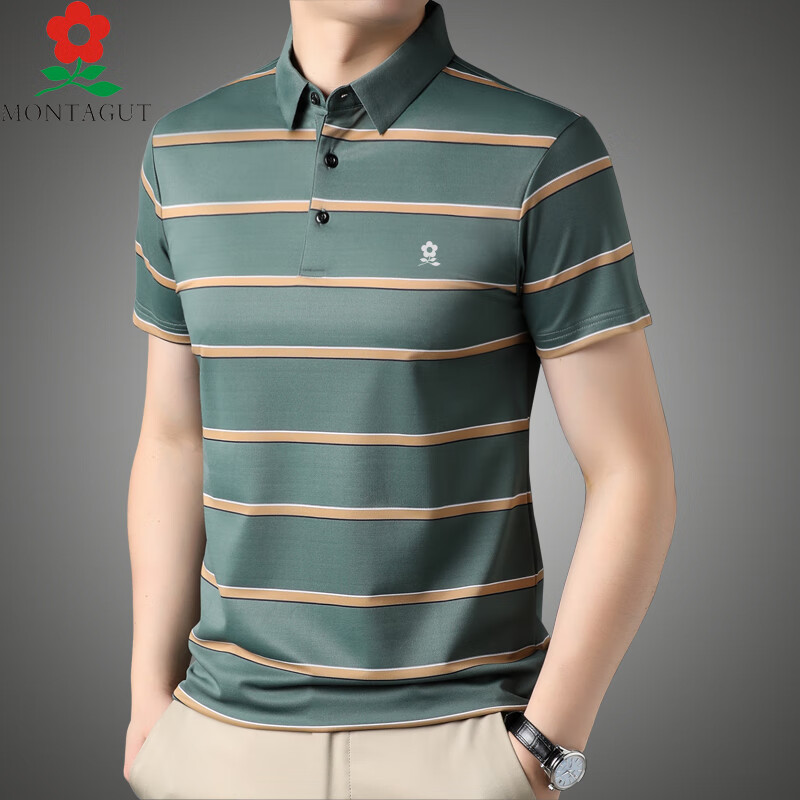 梦特娇男装短袖t恤男夏季薄款冰丝透气条纹休闲 33716绿色 165/m