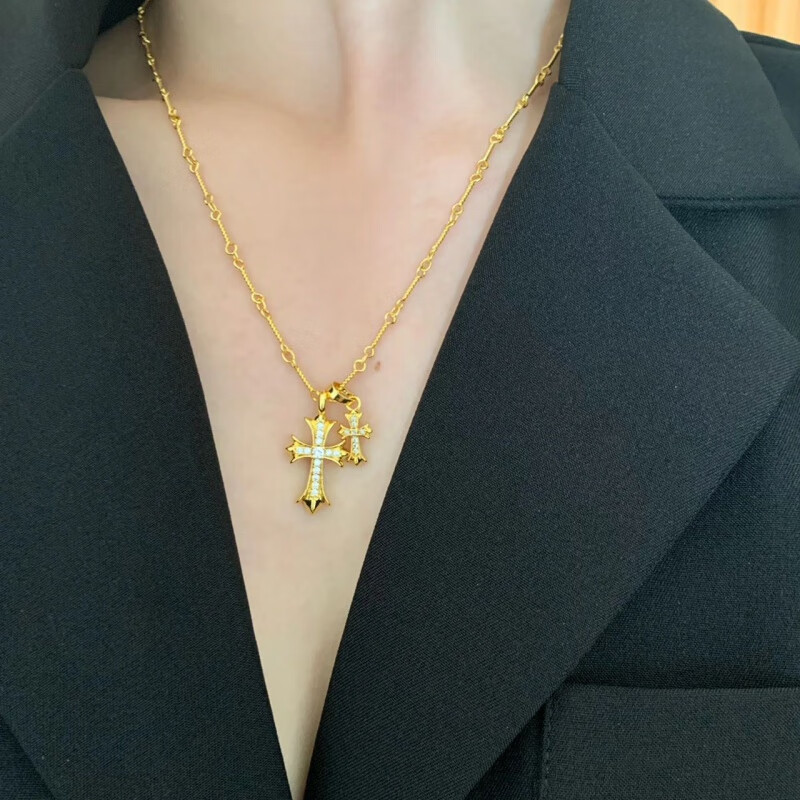 胖东来同款双十字架项链休闲潮牌镀金镶钻男女同款网红不掉色 金色十字架镶钻