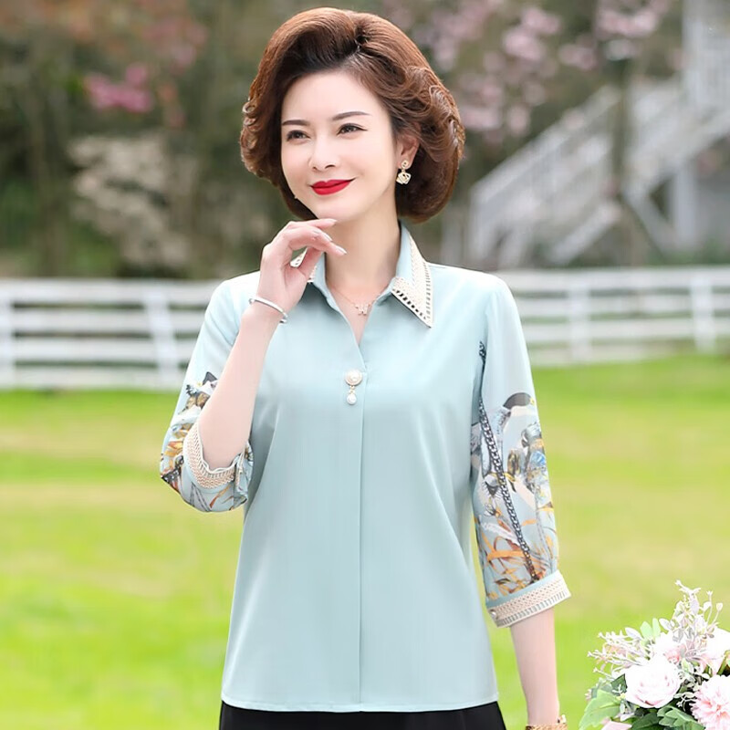 孜颜中老年女装夏装七分袖上衣衬衣洋气雪纺半袖衬衫40岁50夏季妈妈装 绿色上衣 XL 【建议100斤内】