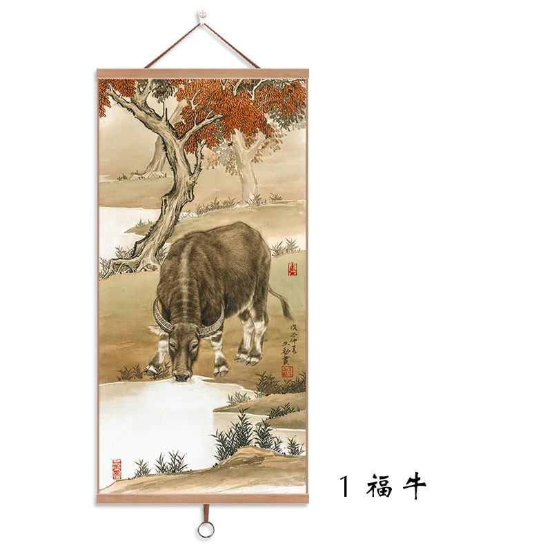五牛图 牛图案挂画五牛献瑞图国画客厅装饰画办公室牛画 1福牛 35*72