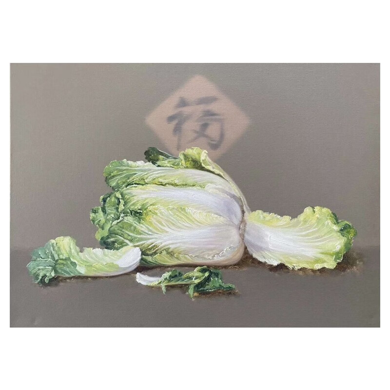 彩象纯手绘油画大白菜百财图新中式客厅玄关装饰画好寓意写实蔬菜挂画